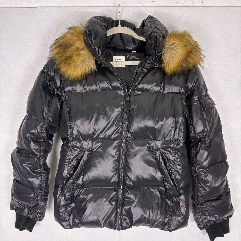 S13 New York Black Shinny Down & Feather Winter Jacket with Fur Hood Women's XL